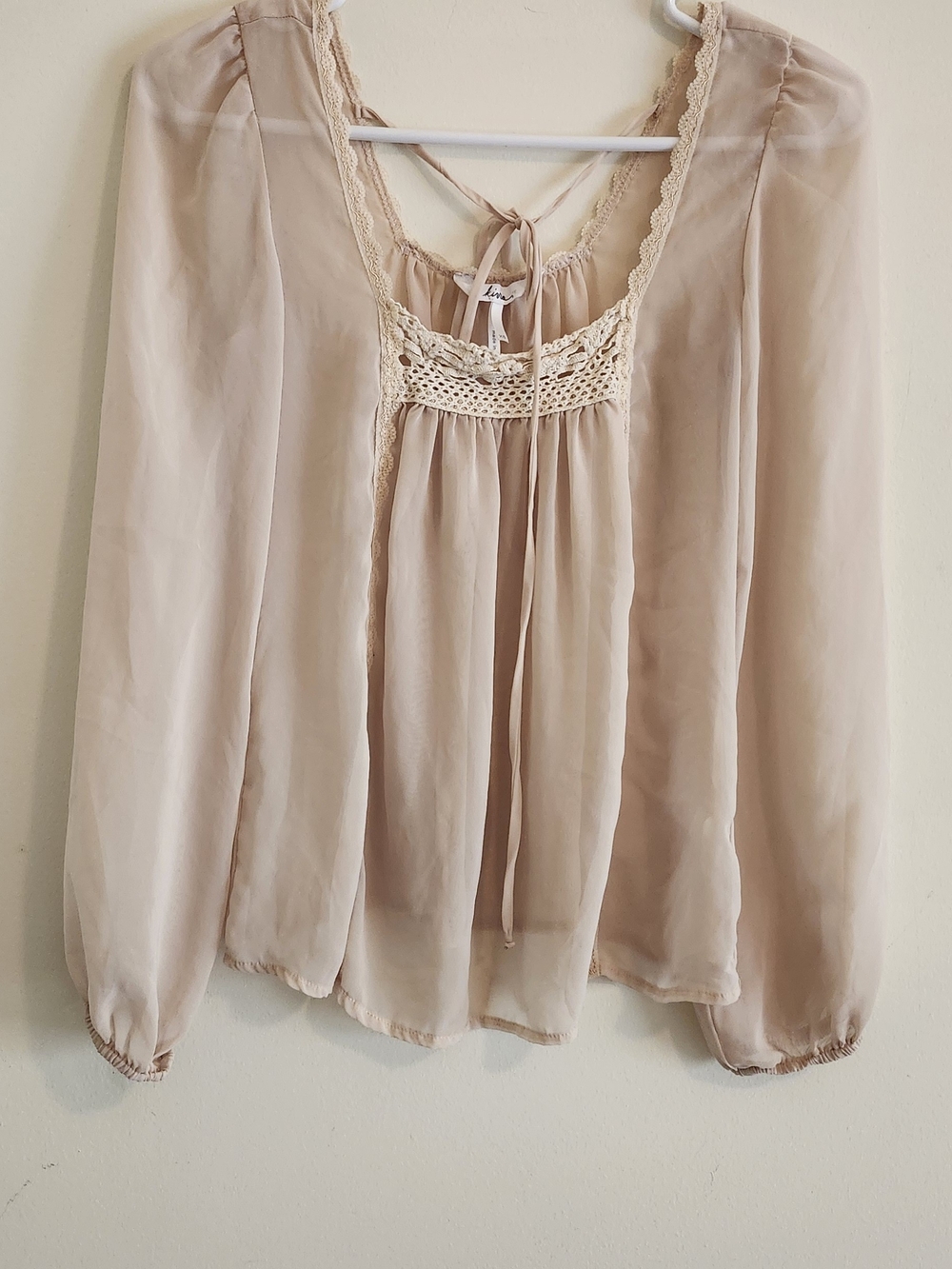 Boho Kirra Sheer Crochet Yoke Blouse - Beige Blush